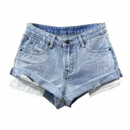 Shorts di jeans a vita ridotta a blu chiaro 2023 Summer Nuovi pantaloni caldi Ultra-Short Shorts Femminino A0U2#