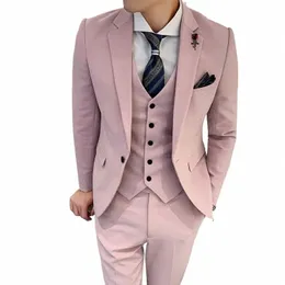 Tozlu Pembe Erkekler Uygun Slim Fit Single Bravatalı Çentik Düğün Zarif Giysiler Üç Parça Ceket Pantolon Özel J5OM#