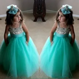 Cute Turquoise Green Flower Girls Dresses Spaghetti Birthday Gowns Straps Crystal Beaded Tulle Toddler Pageant Dresses For Girls266F