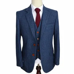 Lansboter Blue Men passar Herringbe Retro Gentleman Classic Style Custom Made skräddare Blazer Suits For 3 Piece Jacket Pants Vest 66B5#