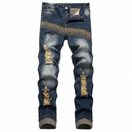 Neue Autum Punk Herren Jeans Zerrissene bestickte dünne Bleistifthosen Mittlere Taille Lässige Stretch Klassische blaue Hose x9Fz #