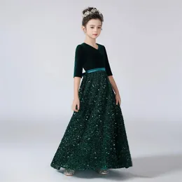 Dideyttawl VNeck ThreeQuarter Sleeves Dress For Girl Sequins Shiny Flower Dresses Kids Birthday Formal Princess Gowns 240326