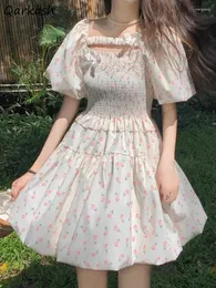 Casual Dresses Kawaii Floral Dress Women Sweet High midja Summer Puff Sleeve French A-Line Princess Vestidos Clothes Vintage Eesthetics