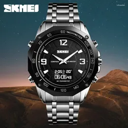 Wristwatches Skmei Fashion Waterproof With Steel Strap Men's Business Double Display Temperature Compass Sports Electronic Watch