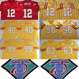 Vintage Football Throwback 12 Tom Brady Jersey 75 -årsjubileum 63 Lee Roy Selmon 99 Warren Sapp 40 Mike Alstott 56 Hardy Nickerson Red Yellow Retro Stitched