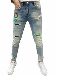 2023 Новые мужские узкие рваные джинсы Уличная одежда Fi Beggar Patch Мужские брюки-карандаш Синие узкие джинсовые брюки Повседневные джинсы для мужчин 20sC #