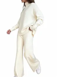 Осень Зима 2 шт. 2023 Новые белые женские комплекты Вязаный спортивный костюм Водолазка Свитер и прямые спортивные штаны Костюмы женские r82N #