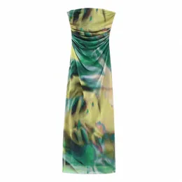 Traf Green Mesh Korsett Dr Sommer 2023 Damen Dres Bodyc Backl Dr Print Midi Ruched Off Shoulder Weiblich Dr K3kG #