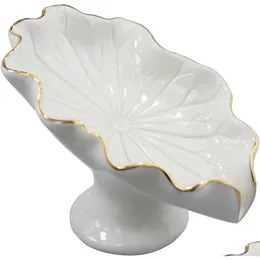 Sabão prato prato prato cerâmica branca lótus folha forma de folhas auto drenagem em cascata de caça -níqueis acessórios de banheiro para entrega de gota home otdt0