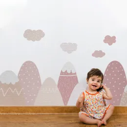 Adesivi Decorazioni per la casa nordica Mongolfiera calda Adesivi da parete Montagne rosa per la camera dei bambini Cameretta dei bambini Murale in tessuto autoadesivo
