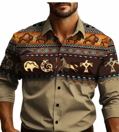 Estilo ocidental Novos Homens Lg Manga Blusa Homens Slim Camisa Desgaste Social Étnica Retro Tribal Roupas Masculinas Camisas Casuais Dr J93V #