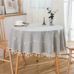 Kuddar treedimensionell jacquard rutig rund bordsduk, bomullslinne tar upp dammtät bordsskydd, för middagsbröllopsdekor