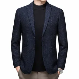 2024 Klassiska män Navy Blue Tweed Wool Blazers Sheep Woolen Suit Jackets Gentlemen Fi Outfits For Busin and Casual Wear Q1NP#