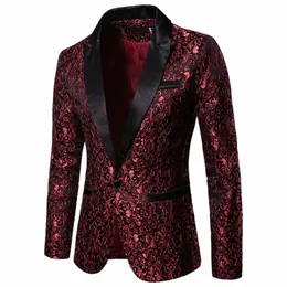 Złoty Jacquard Brzing Floral Blazer Suit Mens Single Butt Blazer Jacket Wedding Dr Party Stage Coster Costume O5il#