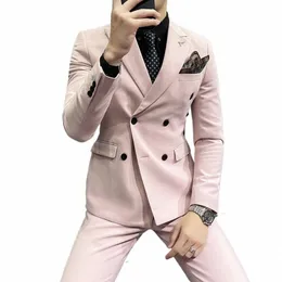 2022 Novo terno masculino rosa pálido 3 peças lapela trespassado formal slim fit casual smoking para casamento blazer + colete + calças h9sk #