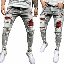 Männer Skinny Zerrissene Jeans Plaid Patchwork Denim Hosen Hip-Hop Print Jogging Bleistift Hohe Qualität Denim Männer Hosen x80e #