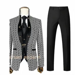 2024 New Men Suit 세트 공식 연회 고급 럭셔리 Jacquard Blazer Vest 바지 의상 웨딩 신랑 커스텀 피트 핏 의상 79lh#