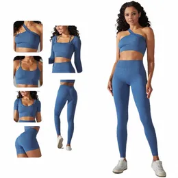 SEAML YOGA SET RIBBED TRACKOUT Outfits For Women Sport Bh High midjeshorts Yoga Leggings Set Fitn Gym Clothing Tracksuit I0K9#