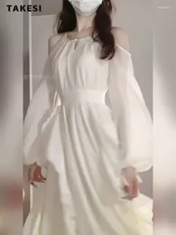 Abiti casual Fata Dolce Stile Bianco Manica lunga Scava Fuori Midi 2024 Primavera Donna Elegante O-Collo A-Line Abito da sposa tubino