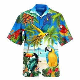 Mens Hawaiian Shirts Parrot Print Shirt For Men Summer Short Sleeve Turn-Down Collar Streetwear Loose Vacati Beachwear Camisa P1DS#