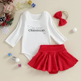 Set di abbigliamento Abiti autunnali per bambina Stampa di lettere Pagliaccetti a maniche lunghe Tinta unita Velluto Pantaloni gonne Fascia per capelli 3 pezzi Set di vestiti natalizi