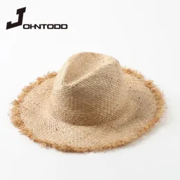 El yapımı kadın hasır şapka ile büyük geniş ağzı kızlar yüksek kaliteli doğal rafya panama plaj saman şapka tatil güneş şapkası 240325
