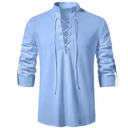New Men's V-Deile Shirt T-Shirt Fi Vintage Thin Lg Sleeve Top Men Discalable Viking Frt Lace Up Man Tirts R1ua#