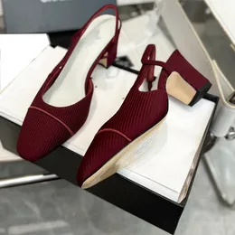 Vintage Womens Designer Sandals Chunky High Heel Slingbacks Dress Shoes Solid Stripe Sheepskin Cloth Mules Slip On Hollow Slippers Wine Red Wedding Party Shoes