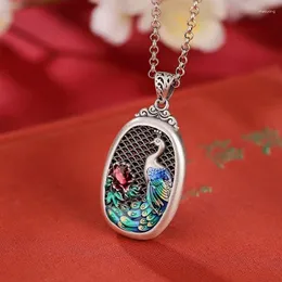 Chains 925 Silver Enamel Two-sided Colored Peacock Necklace For Women Vintage Fashion Hollow Out Peony Ethnic Style Pendant Jewelry