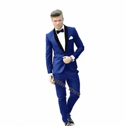 Smoking dello sposo blu royal Carbone Best Men Scialle Colletto nero Groomsman Uomo Abiti da sposa Sposo Q5Yp #