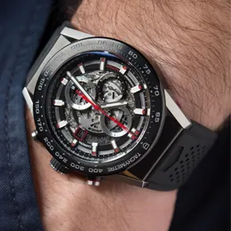 Oryginalny Carrera Mens Watch Chronograph Chronograph Tourbillon Szkielet Dial Designer Watches Wysokiej jakości zegarek dla mężczyzn Montre de Luxe Dhgate Nowe