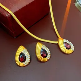 Stud Earrings Influencer Fashion Teardrop Garnet Ear Necklace Jewelry Set 18K Gold Plated Ruby Red Gemstone Zircon Charm Pendant