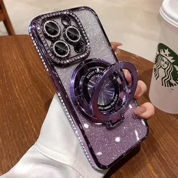 Magnetic Kickstand (Glitter Lens Protector ) Case for iPhone 15 14 13 12 Pro Max (Compatible with Magsafe ) Sparkling Diamond Cover Glitter Shiny Rhinestone Cases
