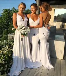 Sexy Simple Summer Long Bridesmaid Dresses Deep V Neck Mermaid Spaghetti Strap Open Back Satin Evening Prom Gowns Wedding Guest Maid of Honor Custom Made