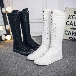 Boots new women fashion Hightop zipper and lace boots Spring/Autumn Longbarreled casual flats canvas boots big size 3443 QA32