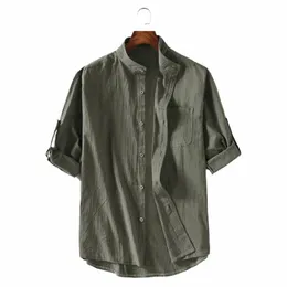 Gorąca samca letnia koziona koszula lniana solidne, coźwne, luźne luźne rękawy top mężczyzn odrzuć kołnierz zielone koszule fi blusa 83J7#