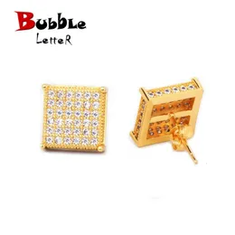 Micro Pave Cubic Zircon Earring Gold Color Hip Hop Jewelry Copper Iced AAA CZ Square Stud Earrings Push-Back 12x12mm Street Rock 240323