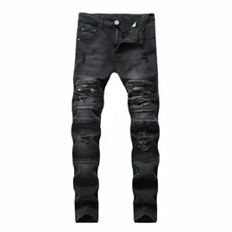 Drop Ship Men's Jeans Biker Rasgado Calças Jeans Com Zíperes Plissados Em Linha Reta Skinny Jeans Homens Calças Retro 24Yq #