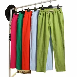 2023 Cott Linen Women Pants Spring Summer Green Harem Pants Solid Elastic midje Harem Byxa Mjuka Högkvalitativa kvinnors byxor S9Q5#