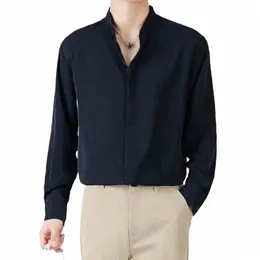 korean Fi Men Busin Casual Smooth Shirt Spring Summer New Hidden Buckle Solid Versatile Casual Loose Lg Sleeve Tops h0T1#