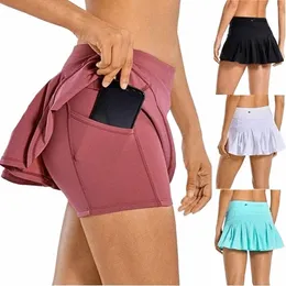Kvinnor Tennisskorts sport Athletic Yoga Shorts kjol fast färg anti exponering fitn hög midje shorts kvinnliga sportkläder n7oj#