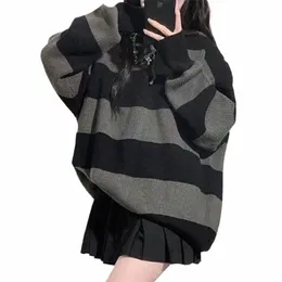 Уличная одежда, полосатый свитер, женские вязаные пуловеры больших размеров, Harajuku, корейский свободный трикотаж, зимние повседневные джемперы, новый B8xA #