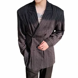 2022 Spring Korean Style Unique Stripes Folds Butt Suit Men Casual Loose Simple Stripes Blazers For Men M-XL 236J#