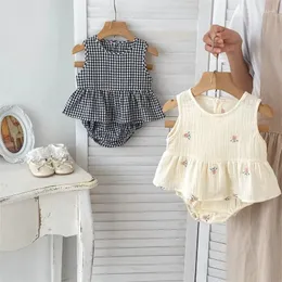 Clothing Sets Facejoyous Summer Baby Embroider Tops Bread Shorts 2 Pieces Suit Girls Cotton Lattice Set Kid Girl Sleeveless Clothes