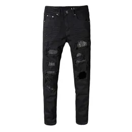 Jeans masculinos Sokotoo mens slim fit cristal strass patch rasgado denim moda patch preto listrado calças jeans j240328