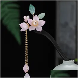 Haarspangen Haarspangen Antik Blumen Stick Essstäbchen Chinesische Hanfu Accessoires Sandelholz Quaste Verschluss Kopfbedeckung Retro Schmuck Drop Deli Otklr