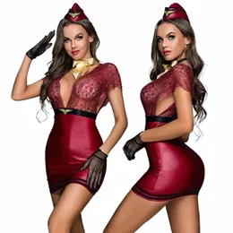 JSY sexy Sted uniforme cosplay lingerie pizzo vino rosso donna Dr intimo set costumi erotici sexy gioco di ruolo abiti a5oM #