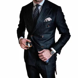 검은 줄무늬 남자는 바지와 함께 Fi Peak Lapel Double Breasted Male Blazer Suit Formal Casual Wedding Tuxedo 2 조각 슬림 C7MI#