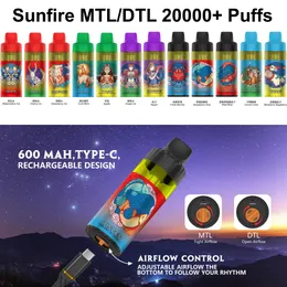 Sunfire Stars 200000 퍼프 리필 가능한 일회용 vape 12000 15000 퍼프 스 토네이도 e 담배 30ml 사전 채워진 카트 포드 20k 15k vape 담그마 펜 탱크 RGB 라이트 프랑스