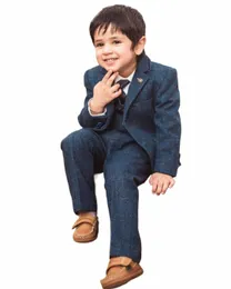 Abbigliamento per bambini Ragazzo da 8 a 12 anni Set di blazer blu scuro Ragazzo bambino Abito da sposa 3 pezzi Giacca da smoking per bambini + pantaloni + gilet 29ld #